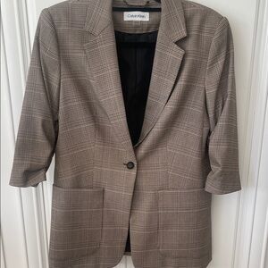 Calvin Klein Women's Brown Windowpane Single-Button Blazer Jacket Sz 8p ruched